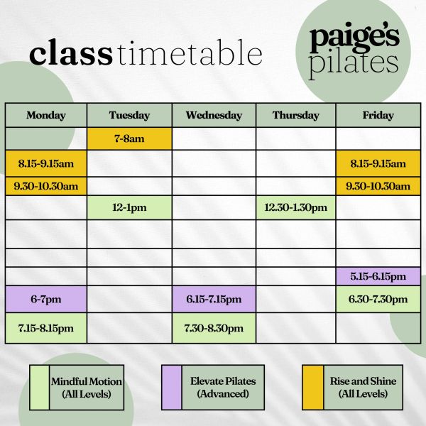 Paige's Pilates weekly class timetable with three classes.