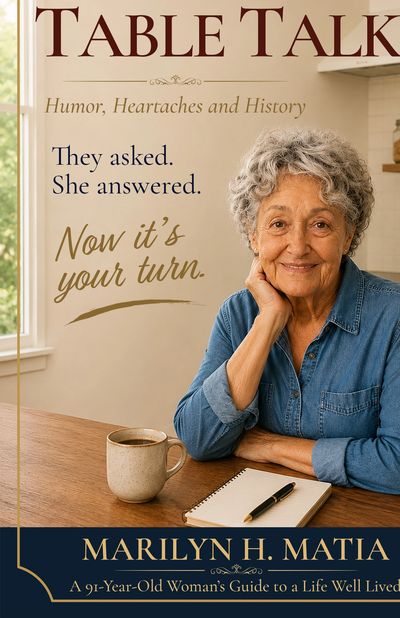 Cover of Kitchen Table Talk by Marilyn H. Matia featuring an elderly white woman smiling kindly.
