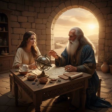 Old man teaching a young woman astronomy in a stone room.