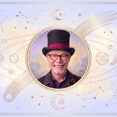 Smiling man in a top hat with cosmic background.