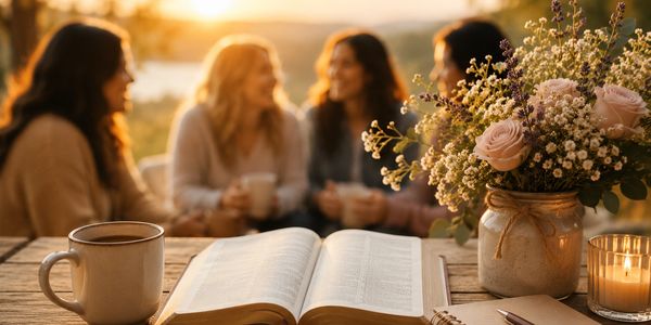 Friends gathered at a table with a book and coffee.