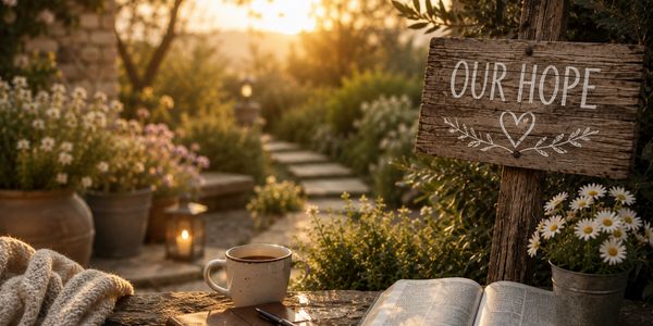 Cozy garden scene with a cup of coffee, open book, and a wooden sign reading 'Our Hope'.