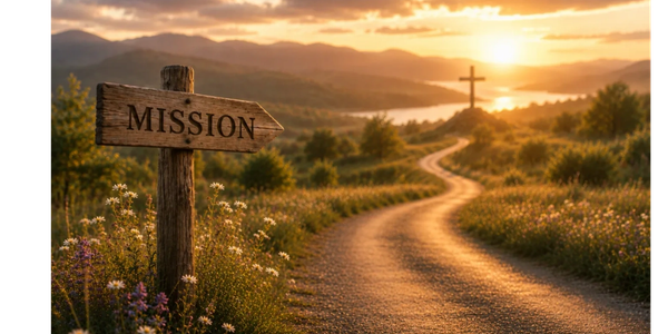 A scenic path leading to a cross at sunset with a 'Mission' signpost.