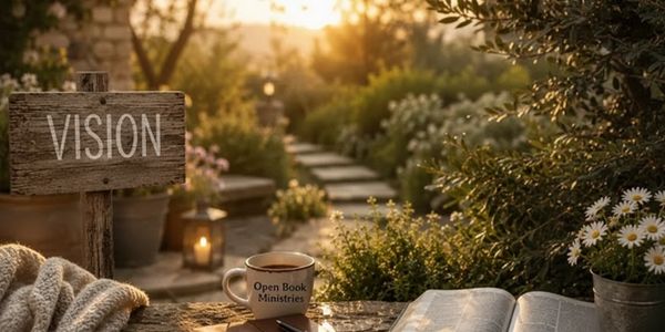 Peaceful garden with a wooden sign saying Vision and an open book.