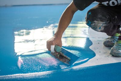 Trowel-applied blue epoxy flooring in Sydney