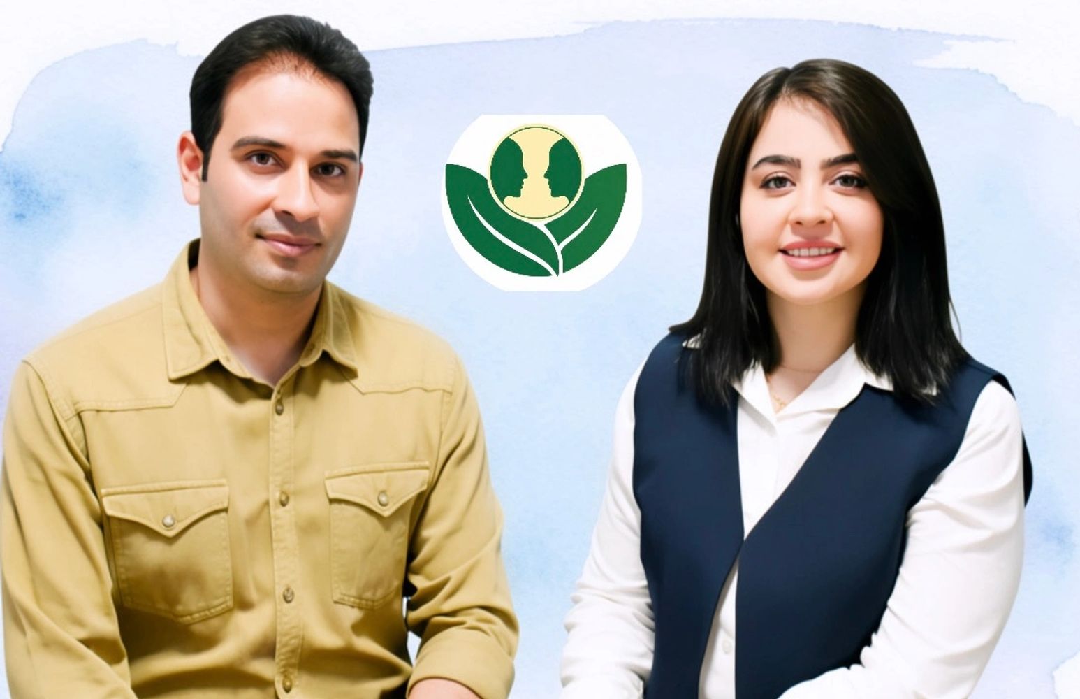 A man and woman smiling with a logo in background.
