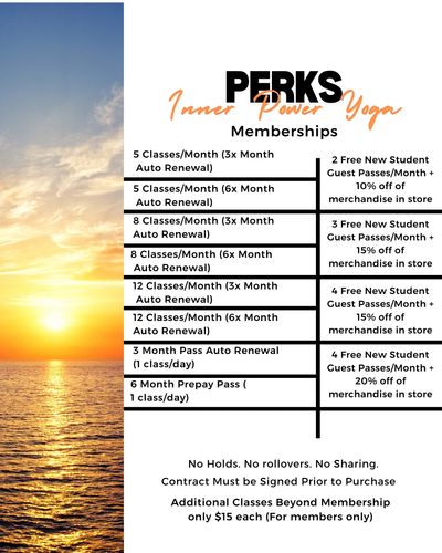Inner Power Yoga membership perks and pricing chart.