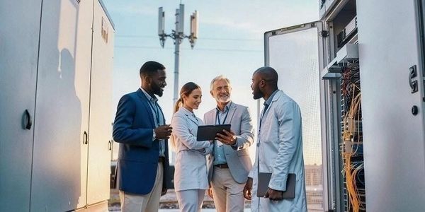 Four professionals discuss a project near telecommunications equipment outdoors.