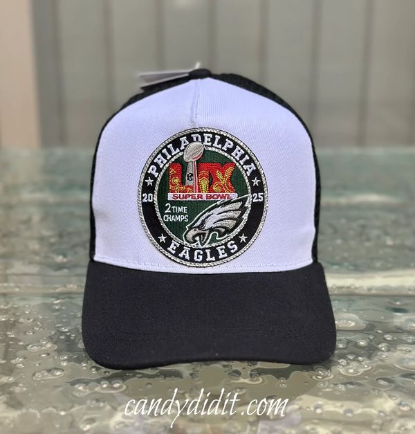 Philadelphia Eagles baseball cap celebrating Super Bowl wins.