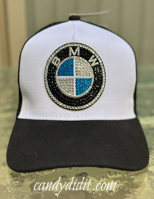 White and black cap with a rhinestone-encrusted BMW logo.