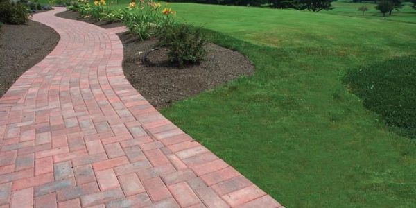 Curved brick pathway in a garden.