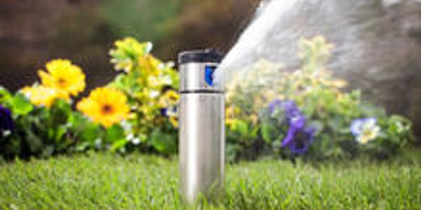 Metallic sprinkler watering green grass and flowers.