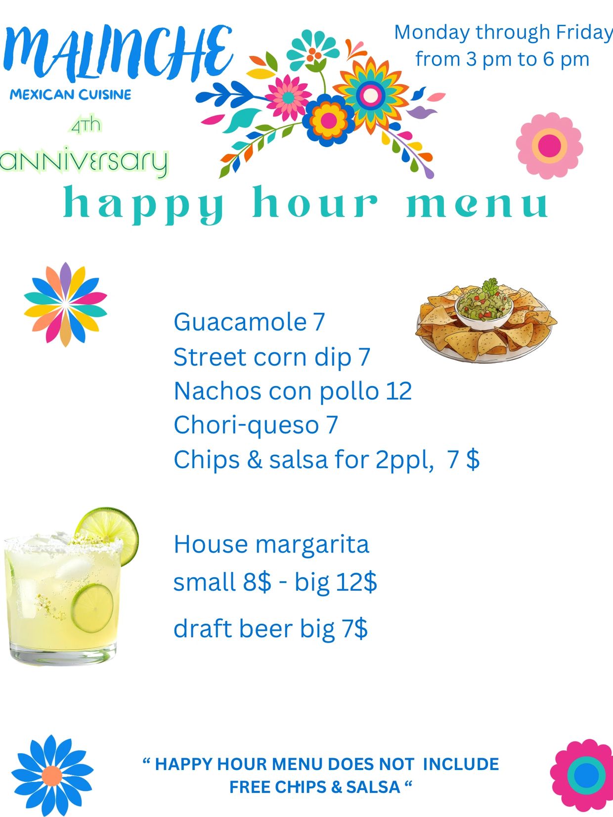 Colorful happy hour menu for Malinche Mexican Cuisine's 4th anniversary with snacks and drinks.