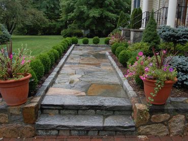 Flagstone walkway and steps flanked by potted plants and shrubs.
