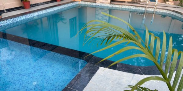 A clean indoor swimming pool with potted plants and tiled surroundings.