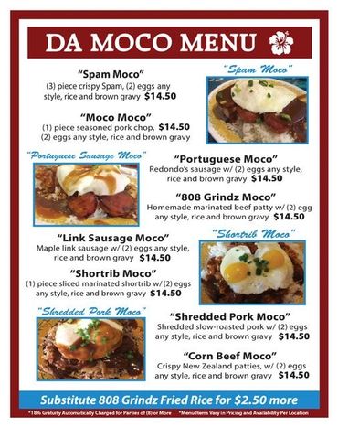 DA MOCO menu showcasing various moco dishes.