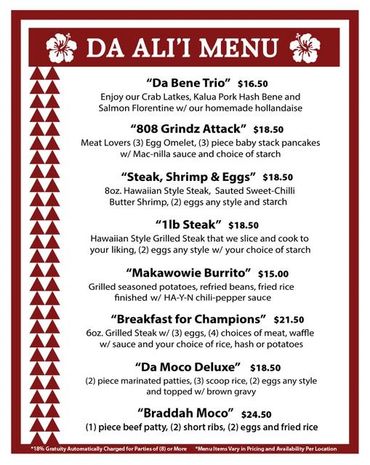 Menu listing Hawaiian-inspired dishes with prices and descriptions.