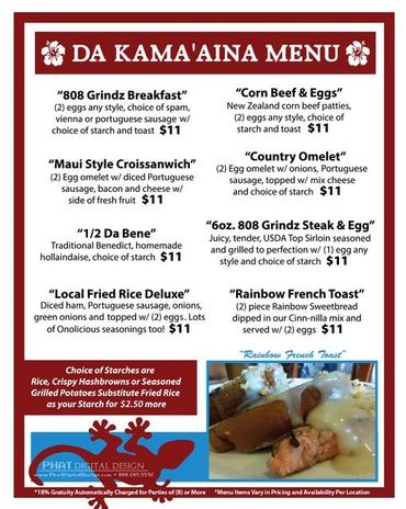 A menu featuring Hawaiian-inspired breakfast dishes with eggs, Portuguese sausage, and local flavors.