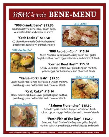 Menu featuring various breakfast dishes with crab, pork, and eggs.