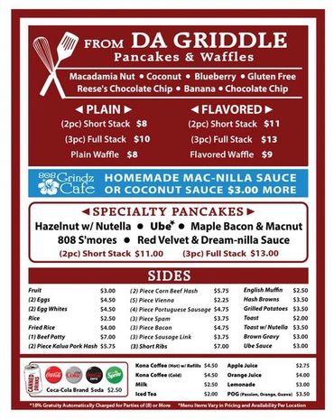 Menu for DA GRIDDLE featuring pancakes, waffles, specialty items, sides, and drinks.