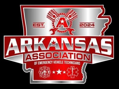 Logo of Arkansas Association of Emergency Vehicle Technicians with state outline and mechanical symbols.
