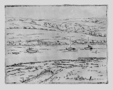 Sketch of boats on a calm river with hills in the background.