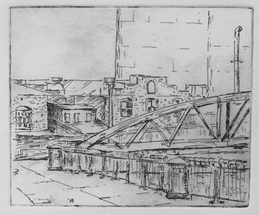 Black and white sketch of an old bridge and buildings.