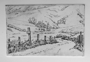 Black and white sketch of a winding road with fence posts and hills.