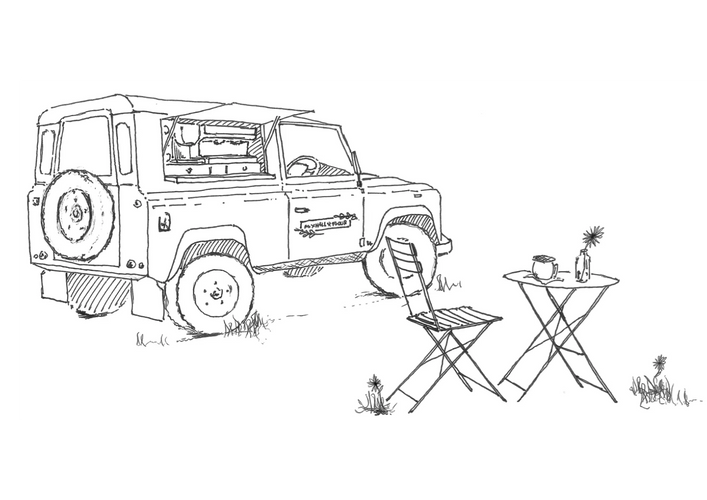 Black and white line drawing of Foxhall & Flour's Land Rover Defender cafe, with one table and chair
