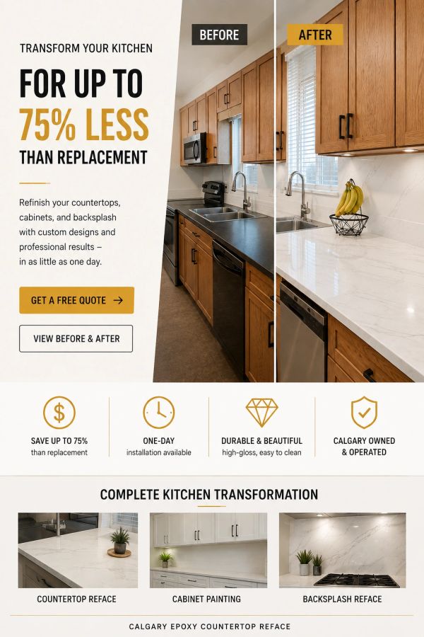 Kitchen countertop transformation before and after with epoxy refacing.