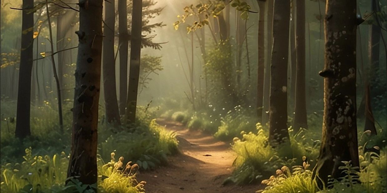 Sunlit forest path with lush greenery and gentle light filtering through trees.