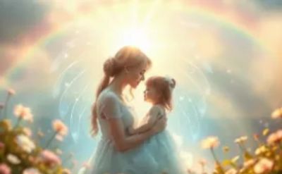 A magical moment between a mother and daughter with glowing wings and a rainbow.