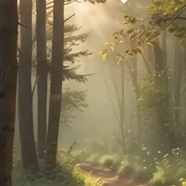 Sunlight filters through tall trees in a serene forest path.