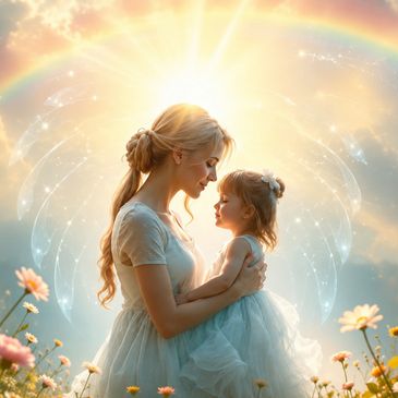 Mother and daughter share a magical moment with a glowing rainbow and fairy wings.