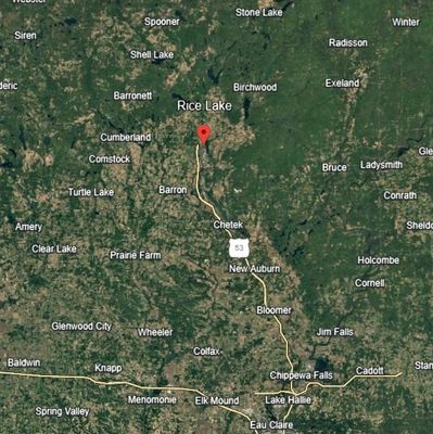 map of wisconsin. showing the location of the town rice lake Wisconsin