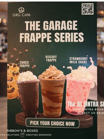 Three frappe drinks from GRG Café's Garage Frappe Series: Choco, Biscoff, and Strawberry Milk Shake.