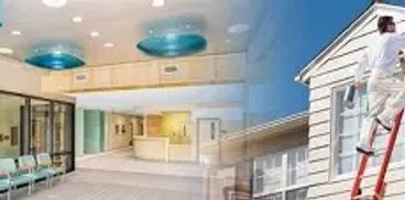 A hospital waiting area and a worker painting a house exterior.