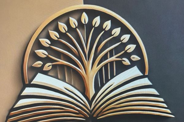 A stylized tree growing from an open book, symbolizing knowledge and growth.