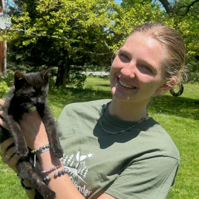 A smiling young woman holds a black kitten outdoors on a sunny day.