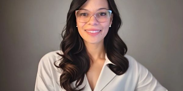 Smiling woman with glasses and long wavy hair in a light blouse.