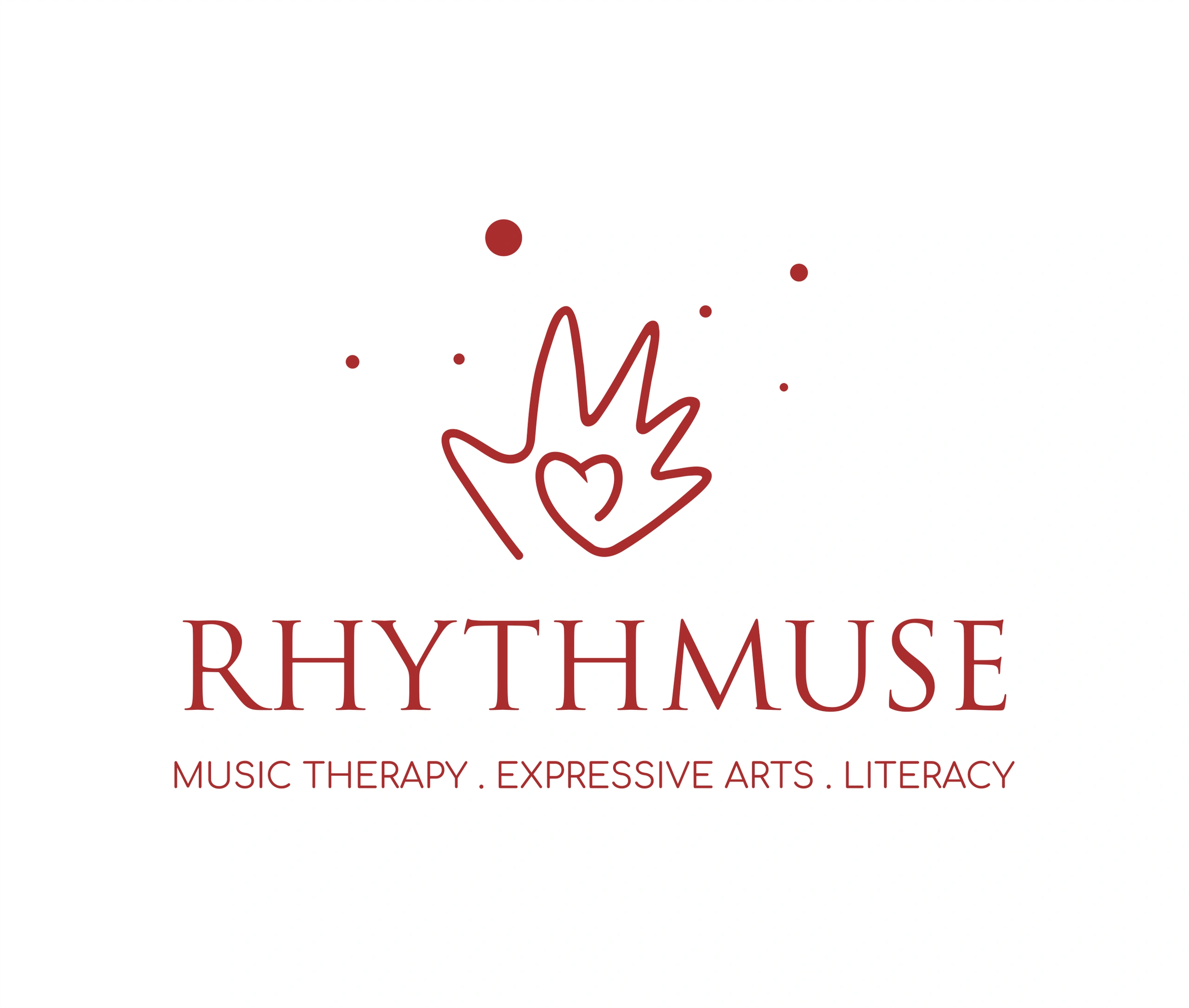 Logo for RHYTHMUSE featuring a stylized hand with a heart and dots, promoting music therapy, expressive arts, and literacy.