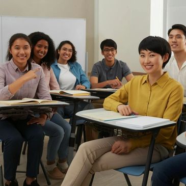 A diverse group of students smiling and sitting in a classroom.