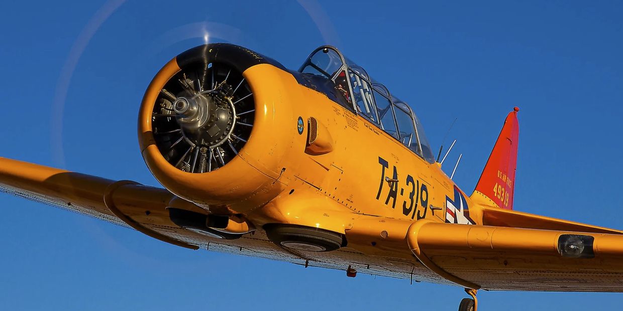 Front view of the T-6 Texan WWII warbird during an aerial photo shoot