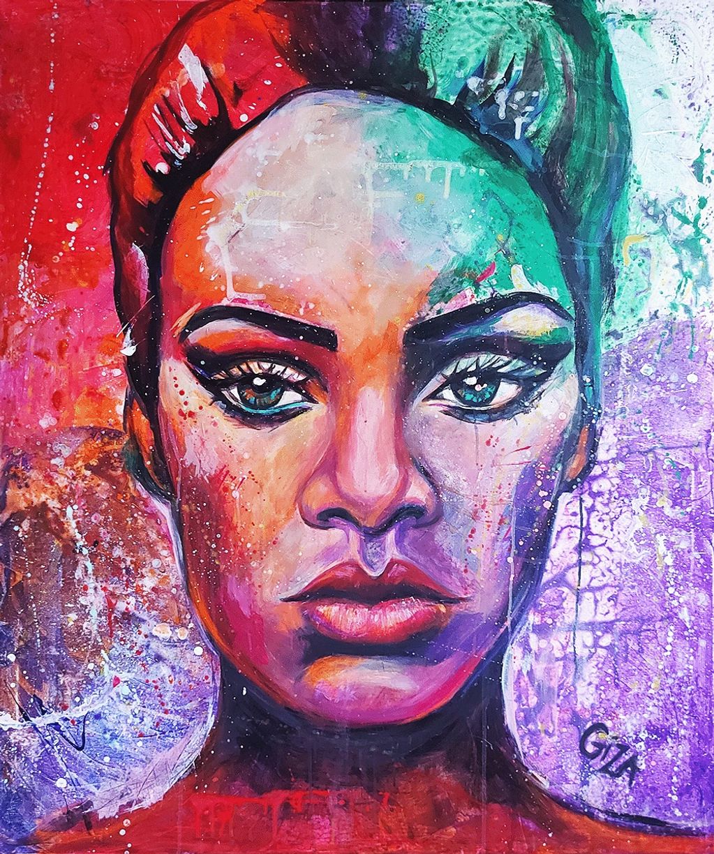 A painting of Rihanna by Gizella, acrylic on canvas.