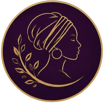 Elegant gold silhouette of a woman with a headwrap and hoop earrings on purple.