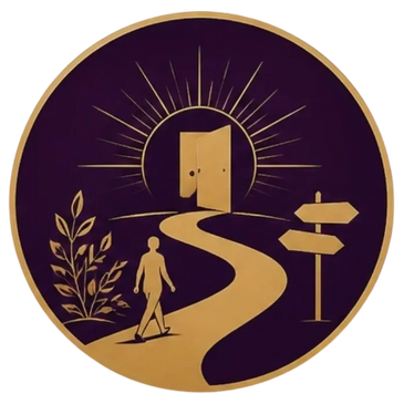 Golden figure walks a winding path toward an open door with signposts and plant.