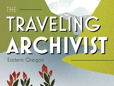 Book cover of the Traveling Archivist with green hills and a river