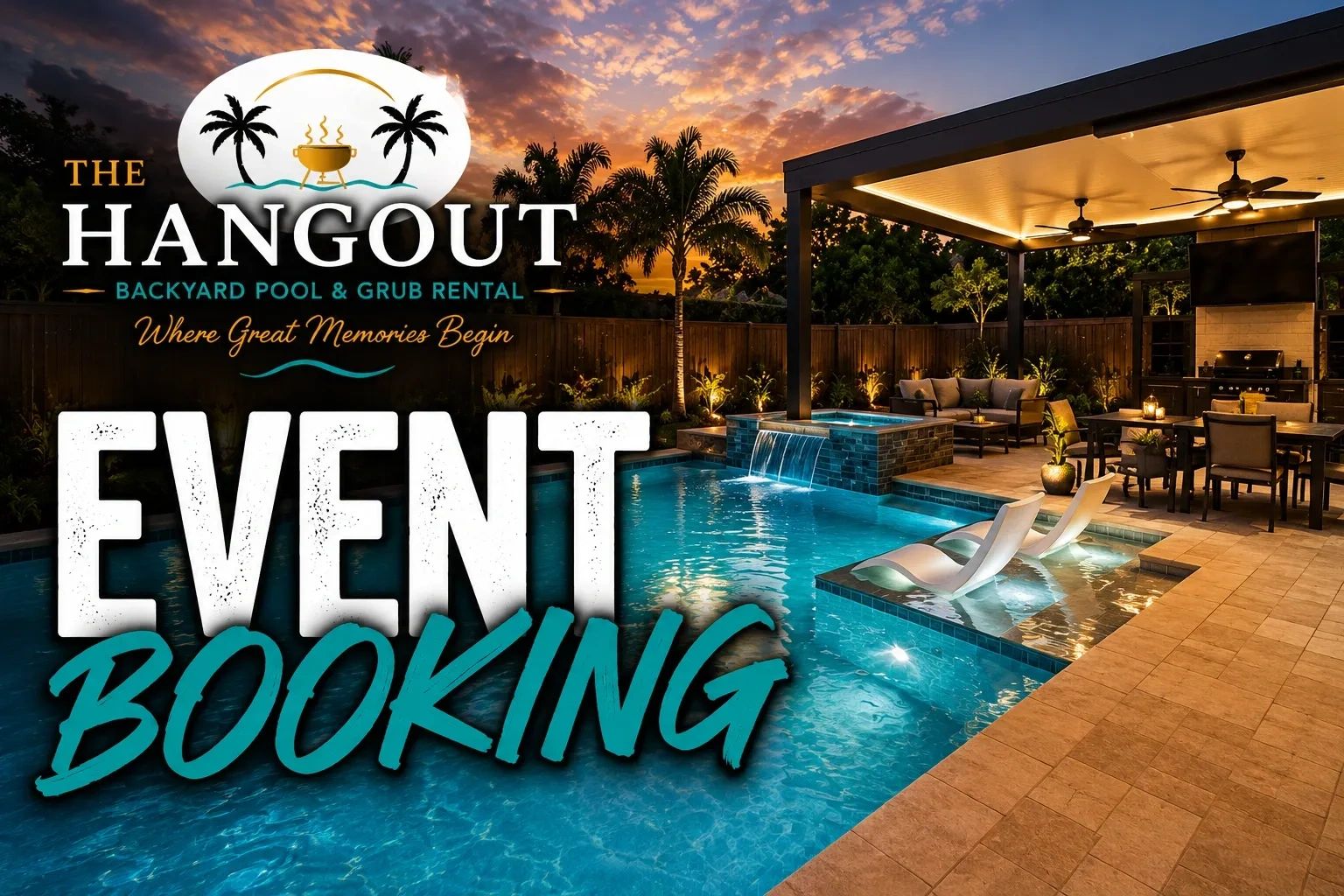 Luxurious backyard pool and patio event booking venue at sunset.