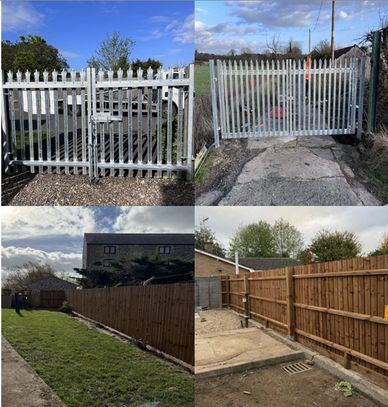 Four images showing different types of fences and gates in outdoor settings.
