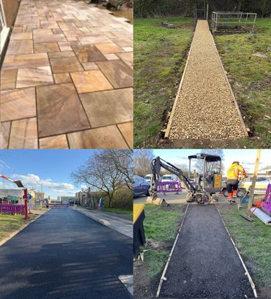Four images showing different stages and materials of pathway construction.